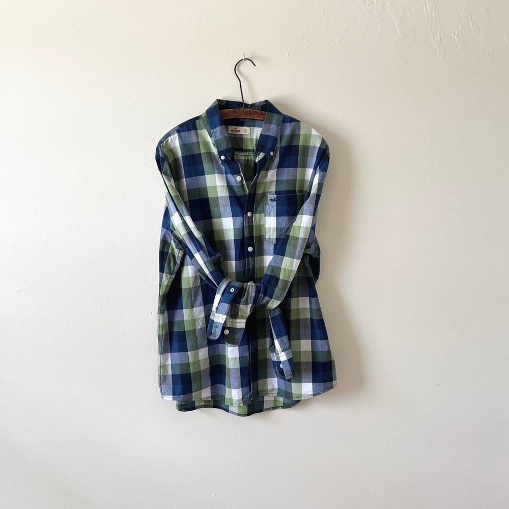 Hollister XL Navy Blue & Lime Green Plaid Long Sleeve 100% Cotton Casual Shirt